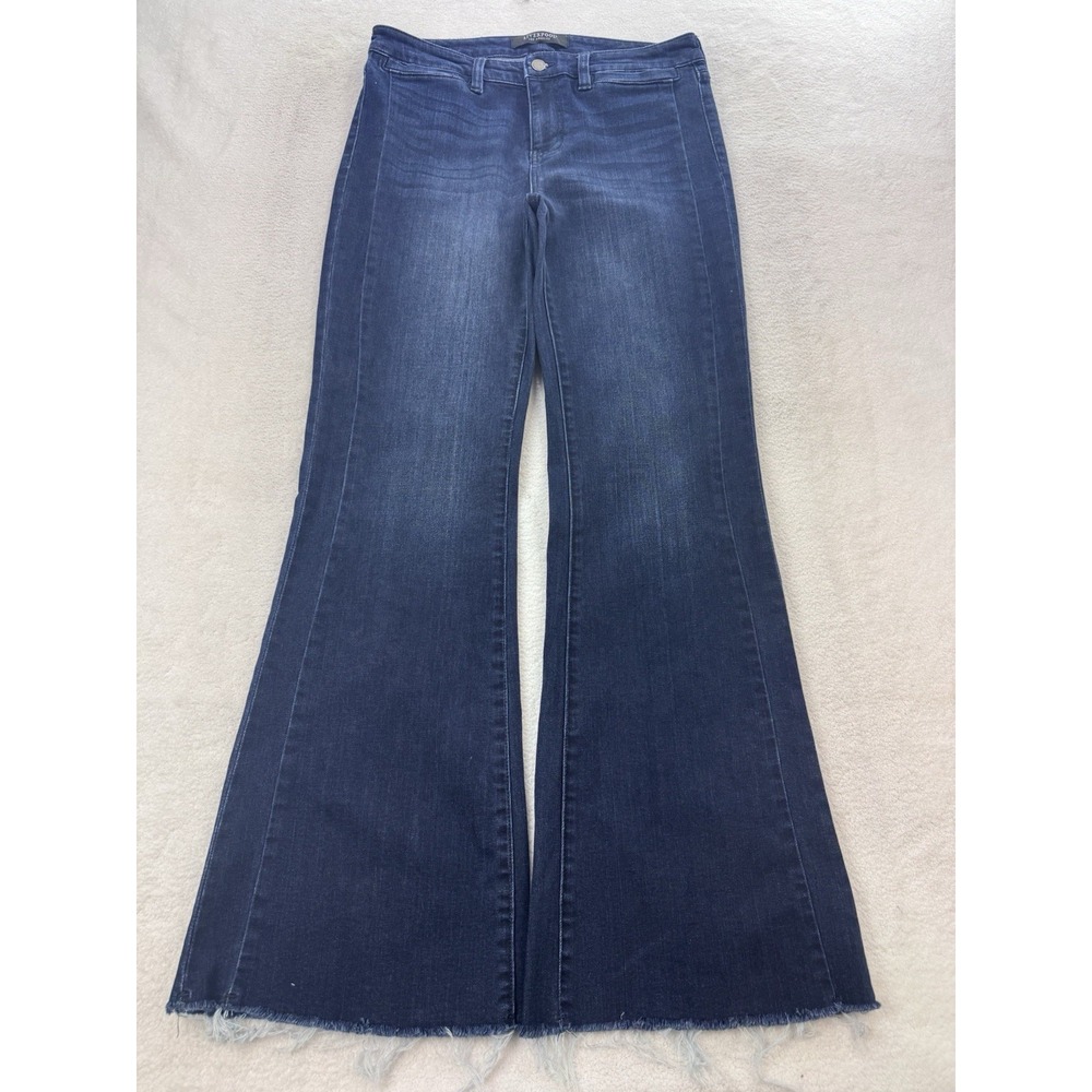 Liverpool Flare Bootcut Jeans 10/30 Blue Dark Distress Stretch Raw Hem Denim